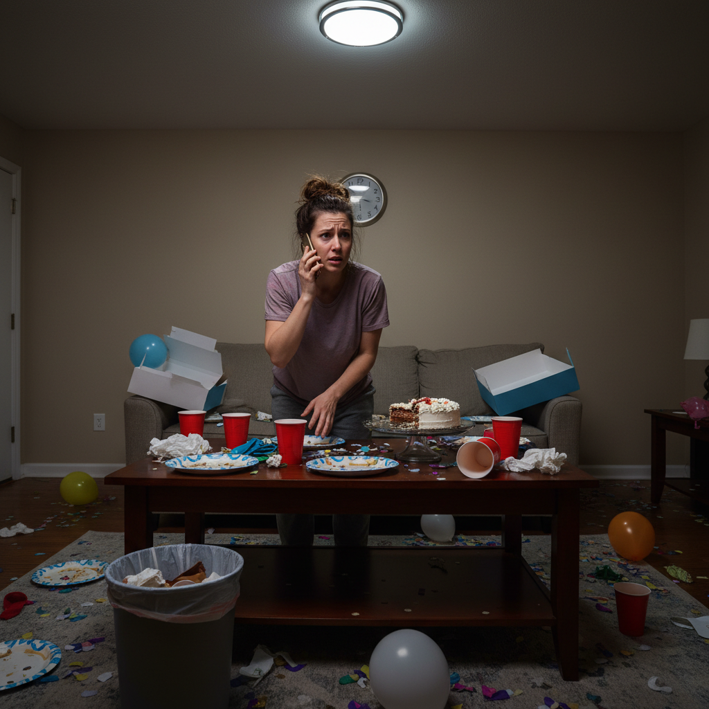 Stressed party host on the phone surrounded by empty plates and disposables
