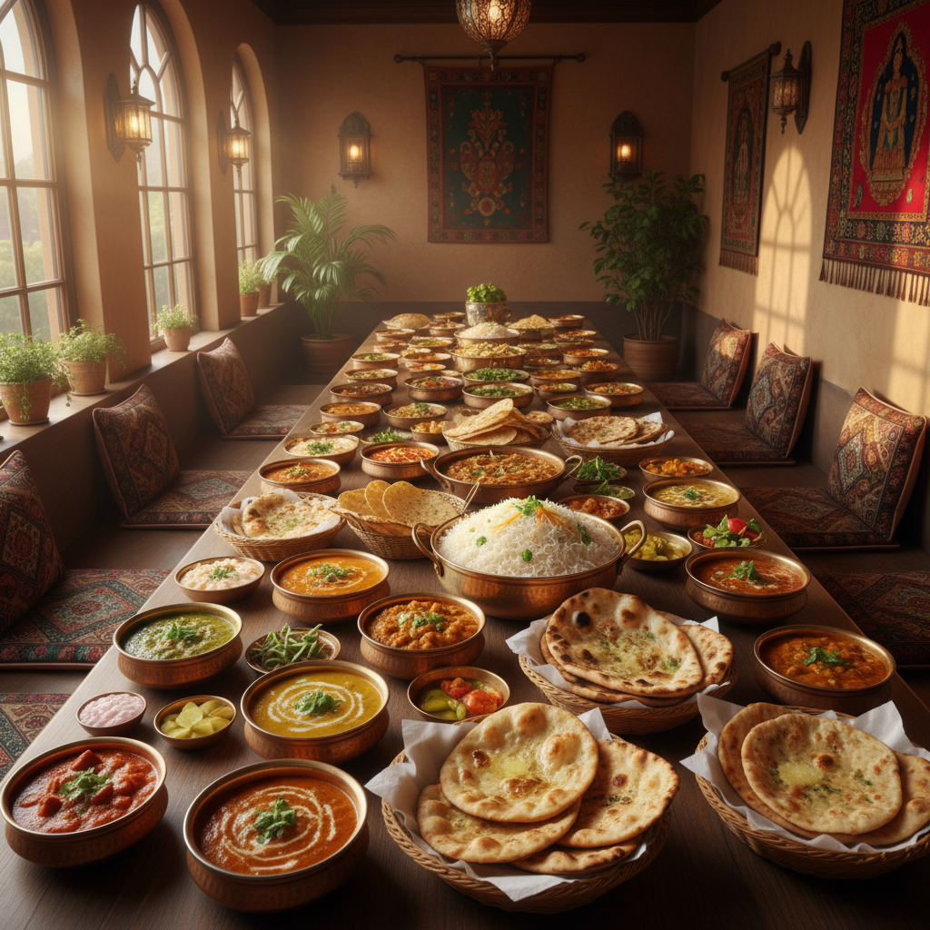 Assorted Indian restaurant food spread with biryani, curries and naan